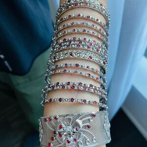 Silver Tone Red Beaded Stacking Bollywood Bangle Bracelets